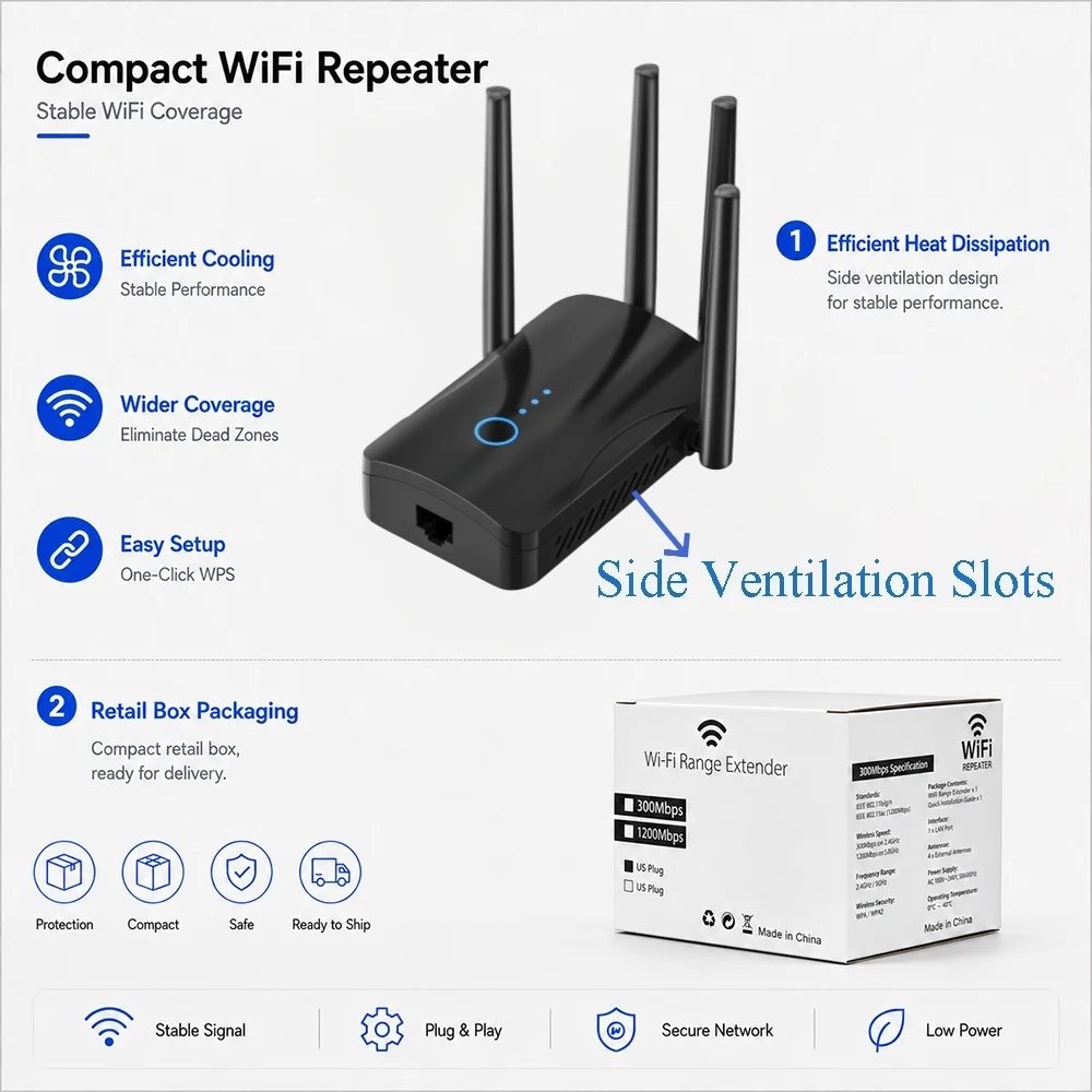Home WiFi Range Extender 300Mbps 2.4GHz Wireless WiFi Repeater and Internet Signal Booster for Bedroom Office Smart Devices
