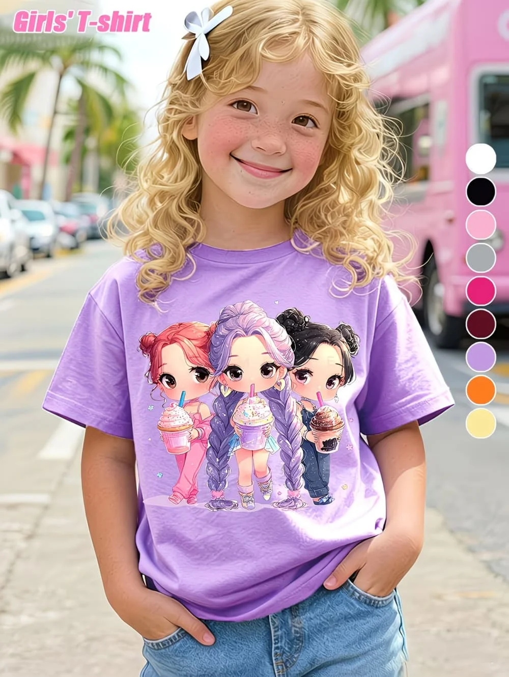 Neues Sommer-Top für Mädchen, T-Shirt im Schulstil aus reiner Baumwolle mit Rundhalsausschnitt, kurzärmlige Kpop-Kinderkleidung mit Cartoon-Muster für Mädchen