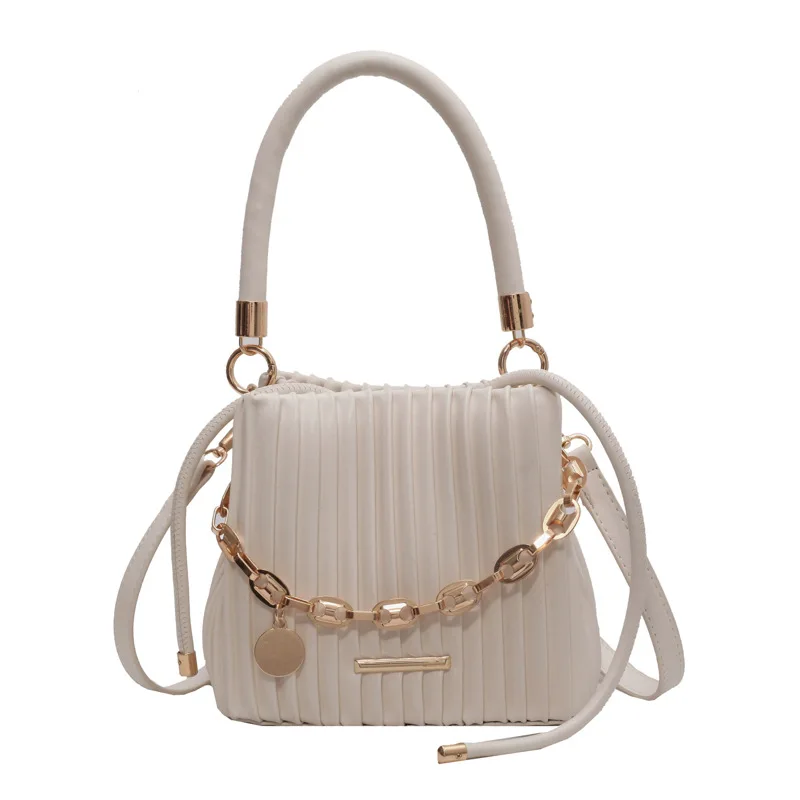 2024 New Trendy Mini Bucket Bags for Women Solid Color Pleated Design Soft Crossbody Bag Female Short Handle Handbags