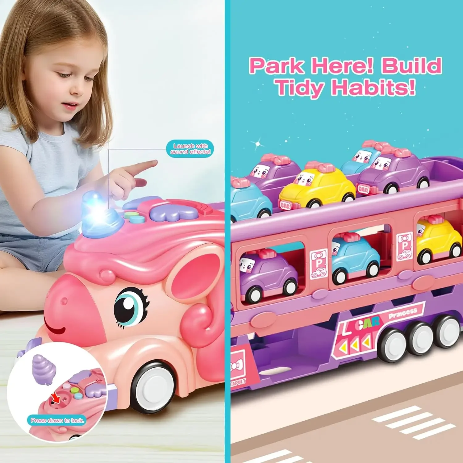 ピンクのユニコーン輸送トラックのおもちゃ、折りたたみ式レーストラック、ライトと音楽付き、6台のミニカー収納キャリア、女の子や幼児へのギフト