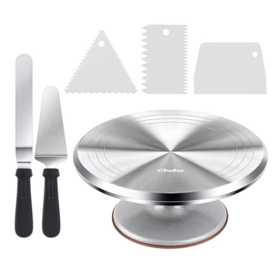 

Cake Turntable, Aluminium 12'' Cake Decorating Kit Supplies Rotating Stand Revolving Spinner with 2 Icing Spatula 3 Comb Smooth
