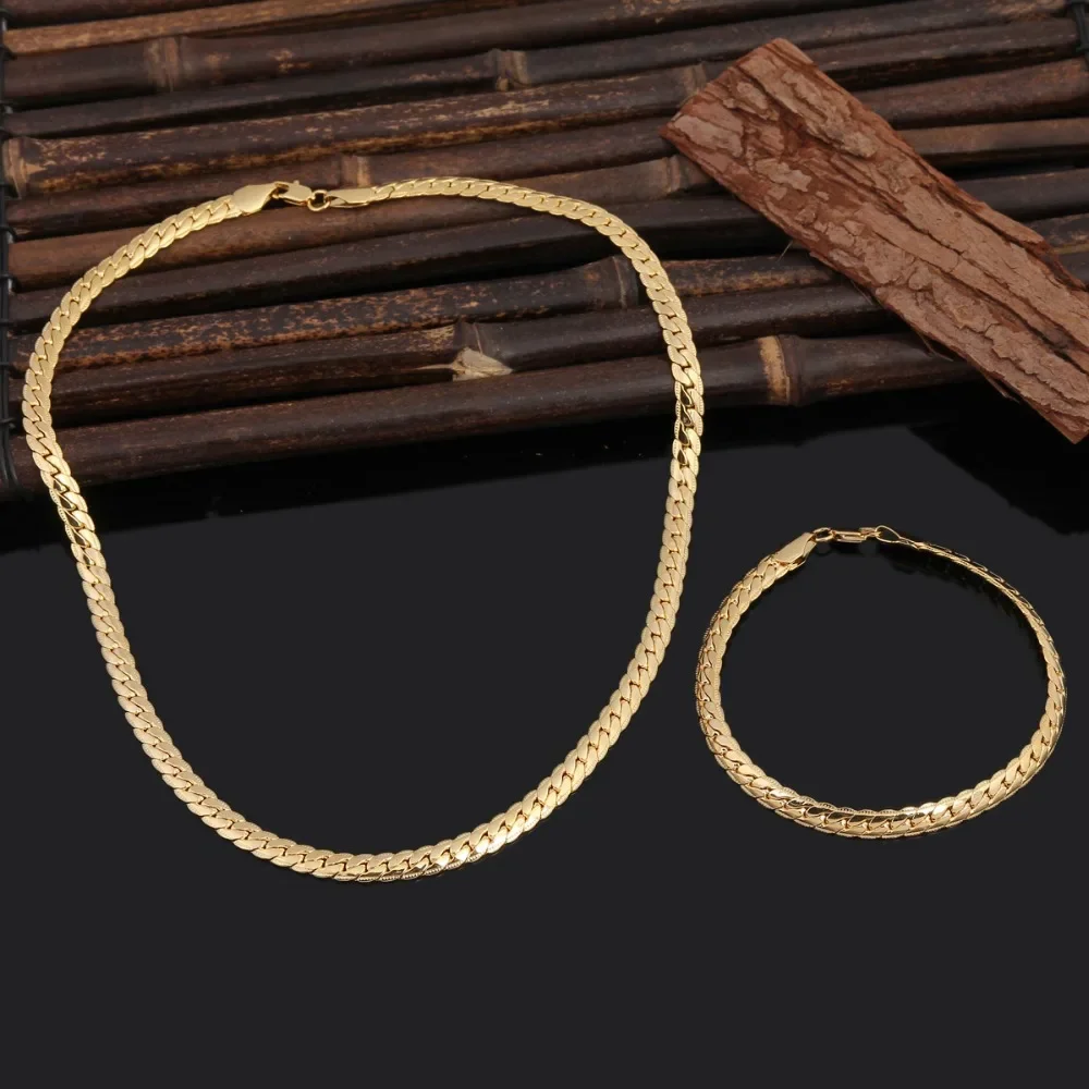 Korean Wholesale fashion 18K gold color 6MM chain bracelets neckalce for women men wedding accessories jewelry sets gifts