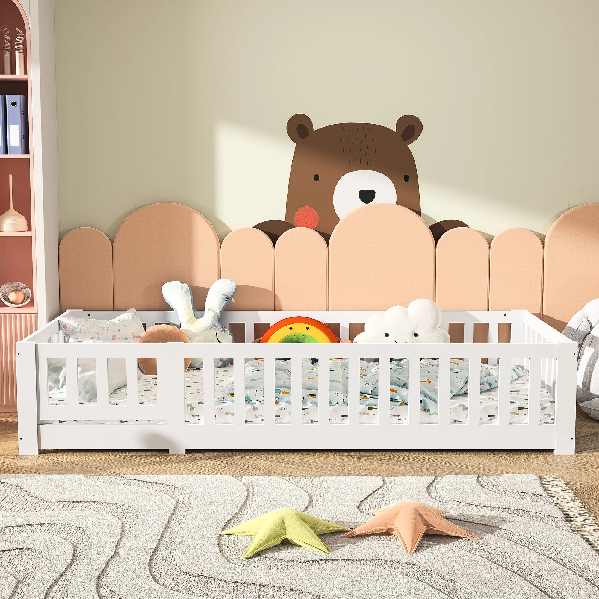 Children's bed 90 x 200cm, Single bed，solid pine, wooden floor frame with rails, Fall-Proof Slatted Frame Bed，white