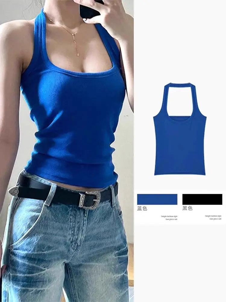 

Яркая одежда, синий жилет с воротником-халтер, женский топ на бретелях, лето 2025, сексуальные модные облегающие футболки без рукавов с открытой спиной, женская одежда