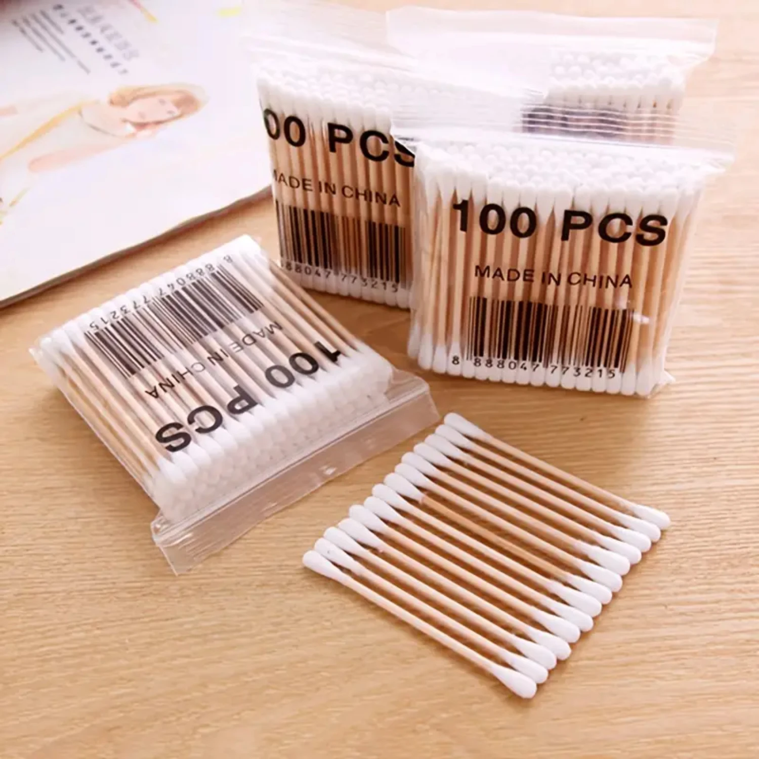 Disposable Cleaning Cotton Swab - 100pcs Multifunctional Double-ended Wooden Stick for Ear Plucking and Digging, Cosmetic Cotton
