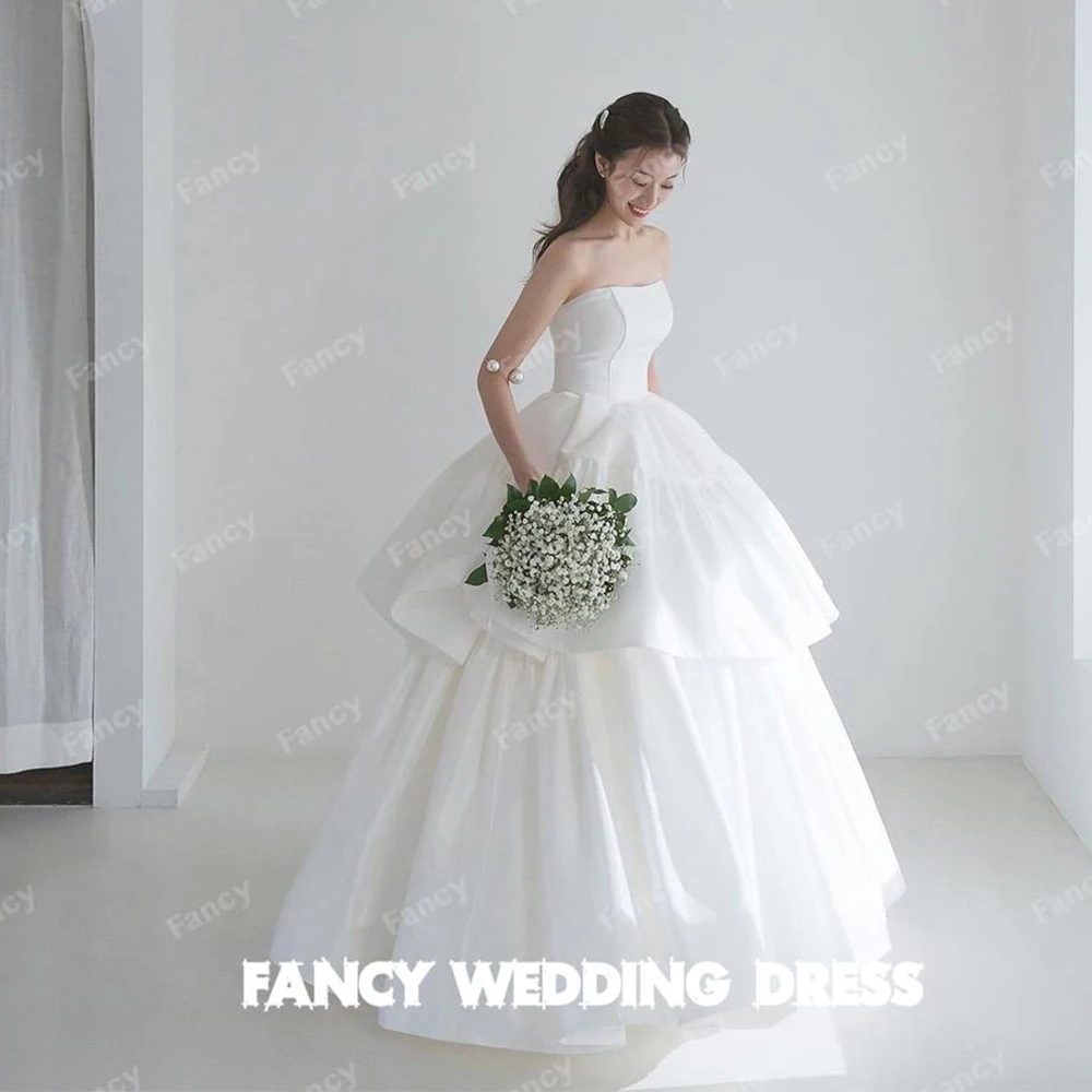 

Fancy Elegant Strapless A Line Wedding Dress Korea Photo Shoot Taffeta Sleeveless Bridal Gown Floor Length 웨딩드레스 Custom Made