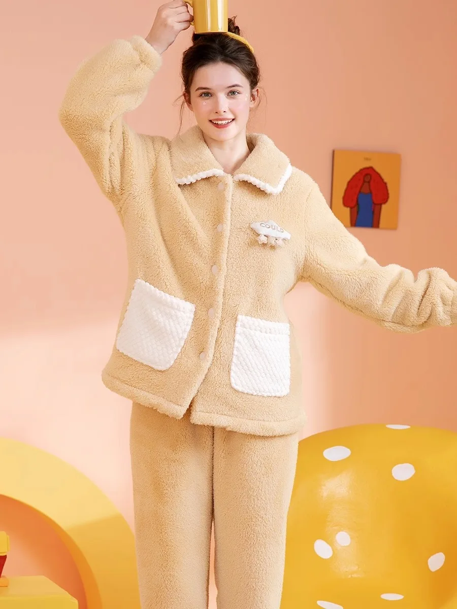 pijamas-fenteng-coral-fleece-para-mujer-ropa-de-casa-gruesa-de-otono-invierno-manga-larga-con-solapa-de-fibra-de-poliester-para-ocio-en-el-hogar