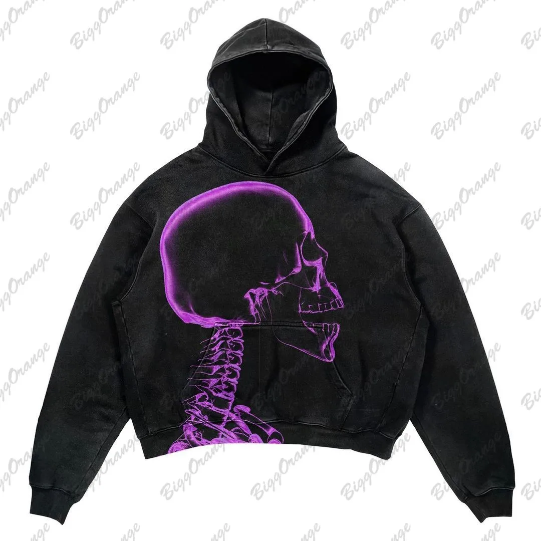 Y2K New Dark Oversize hoodie Skull Print High Street Hip-hop Retro Design Coat Thickened Top sudaderas para mujer  harajuku