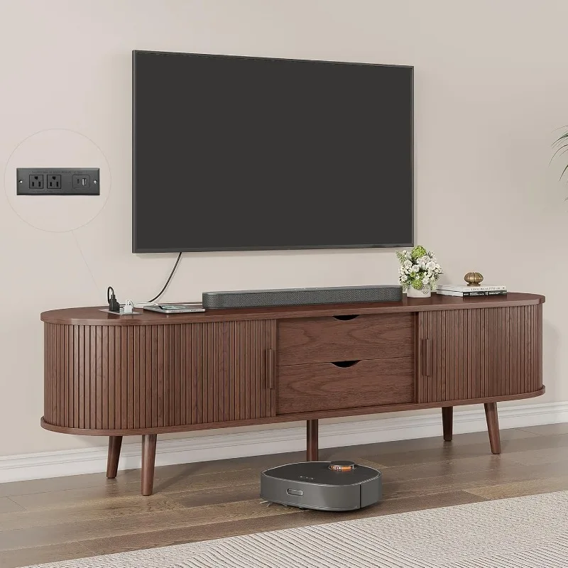 

59 "mid-century modern TV stand with charging station, TV media console table with curved edge recess with drawers and shelves