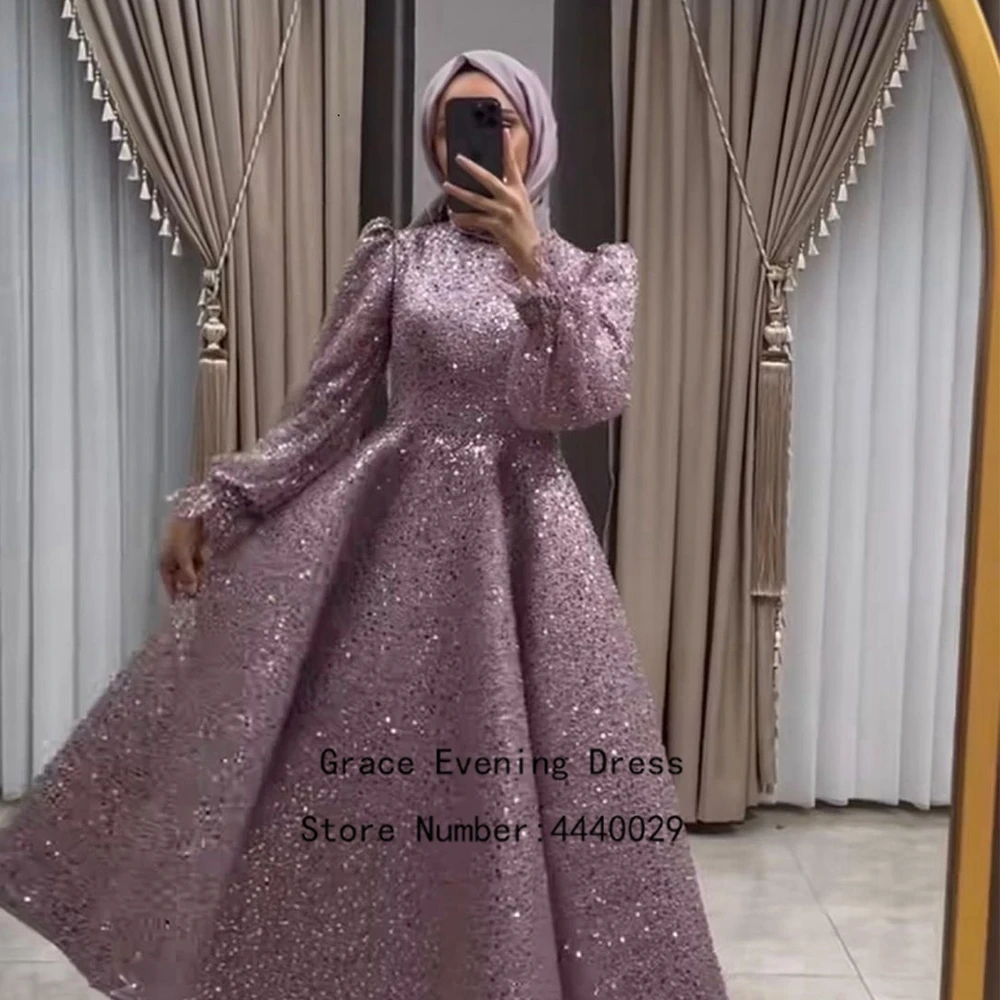 Customized Luxury Muslin Evening Dresses for Women Summer Full Sleeve Moroccan Caftan Sequined Prom Gowns فساتين حفلات New 2025