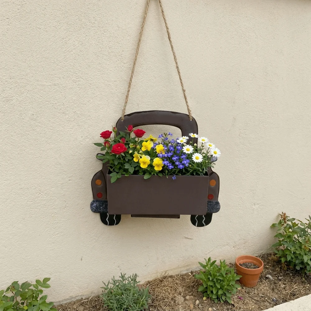 Vintage Iron Truck Shaped Flower Pot Retro Cartoon Decorative Hanging Truck Planter Cute Wall Mounted Flower Pot Garden
