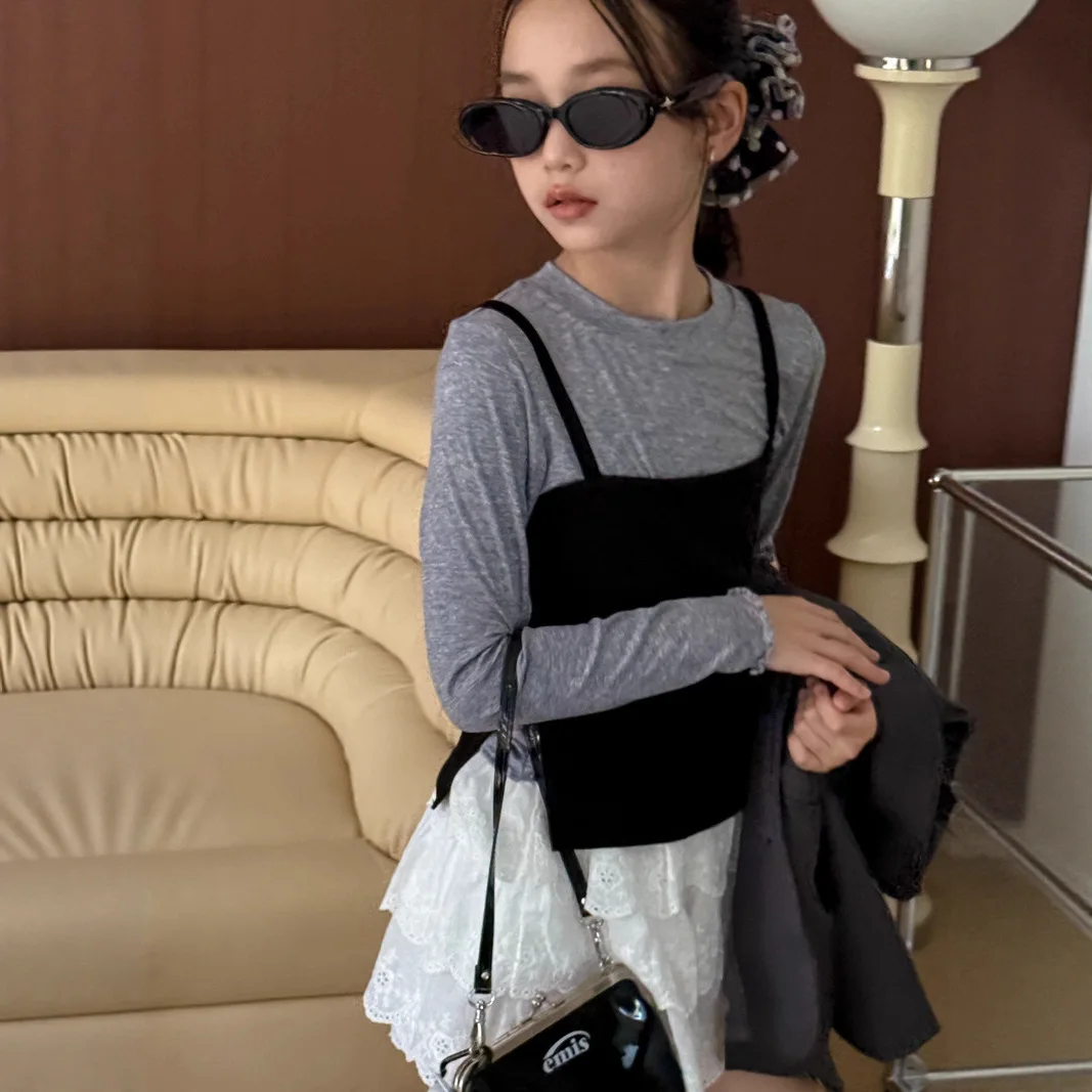 

Топ из двух предметов контрастного цвета, повседневный топ среднего размера для детей старшего возраста и девочек, подтяжки с длинными рукавами и разрезом по бокам, вилка