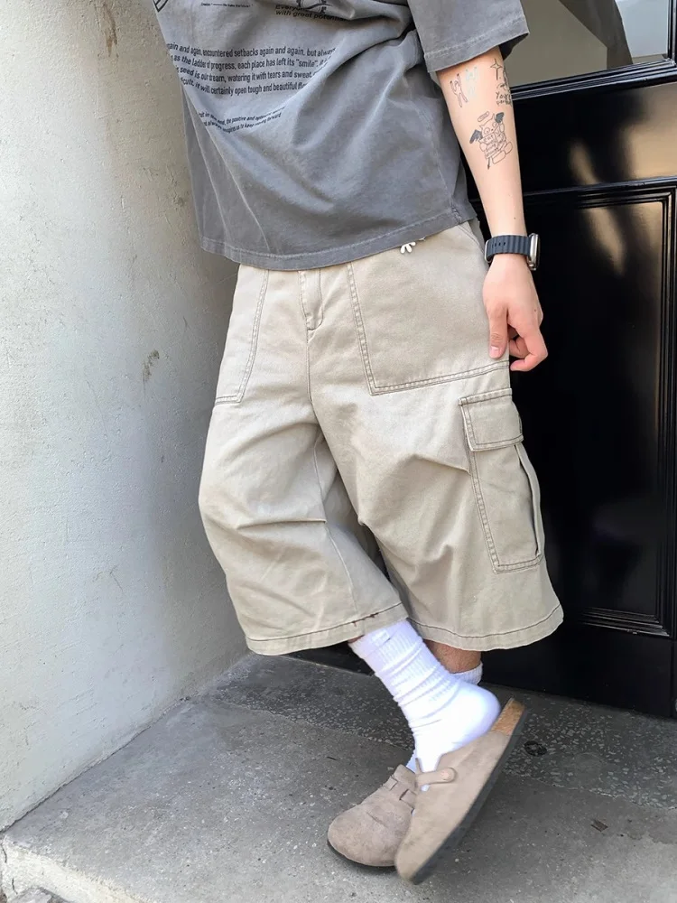 

LLAI American Retro Pure Color Multi-ket Design Workwear Seven-Foot Pants ex Casual Loose Straight ort Trendy