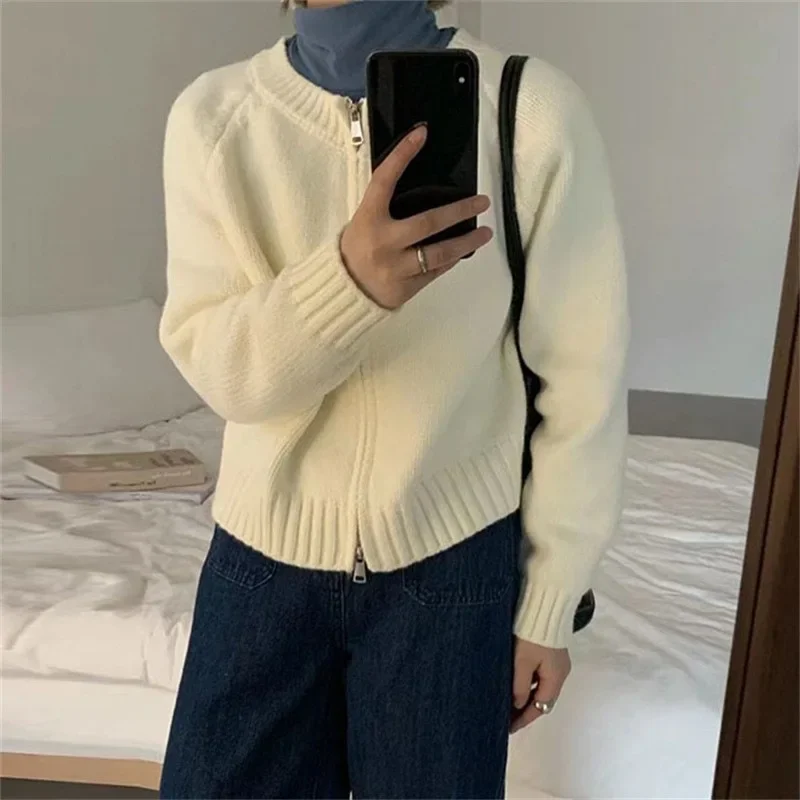 Women Knit Cardigan Full Sleeve Round Neck Splice Zipper Sweater Coat Solid Straight Casual Outwear Lady Jumpers Autumn Winter