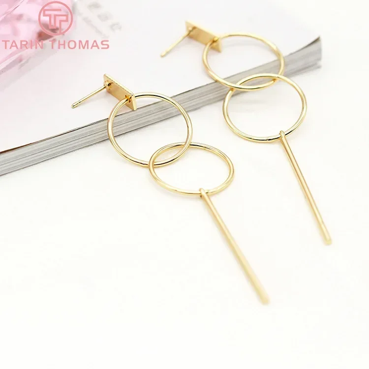 (2382)2PCS 86x17MM 24k Gold Color Brass Round Stud Earrings DIY High Quality Jewelry Findings Accessories