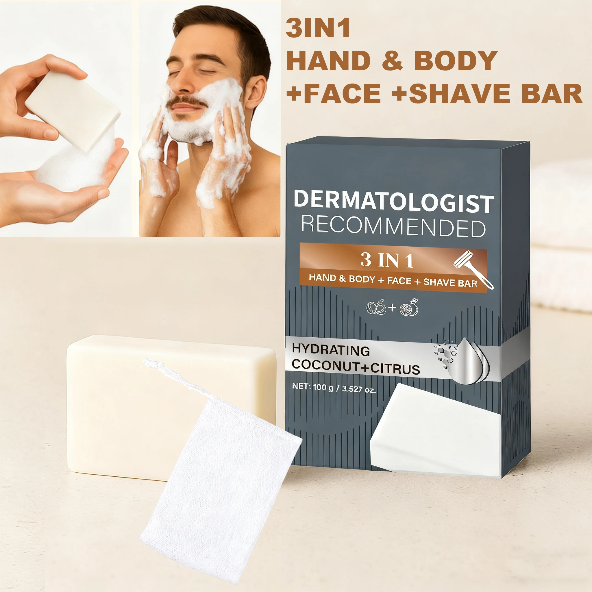 3-in-1-Seife für Herren, Hand- und Körper-Gesichtsrasur, Peeling, Tiefenreinigung, feuchtigkeitsspendende handgemachte Kokosnuss-Zitrusseife für hydratisierte Haut