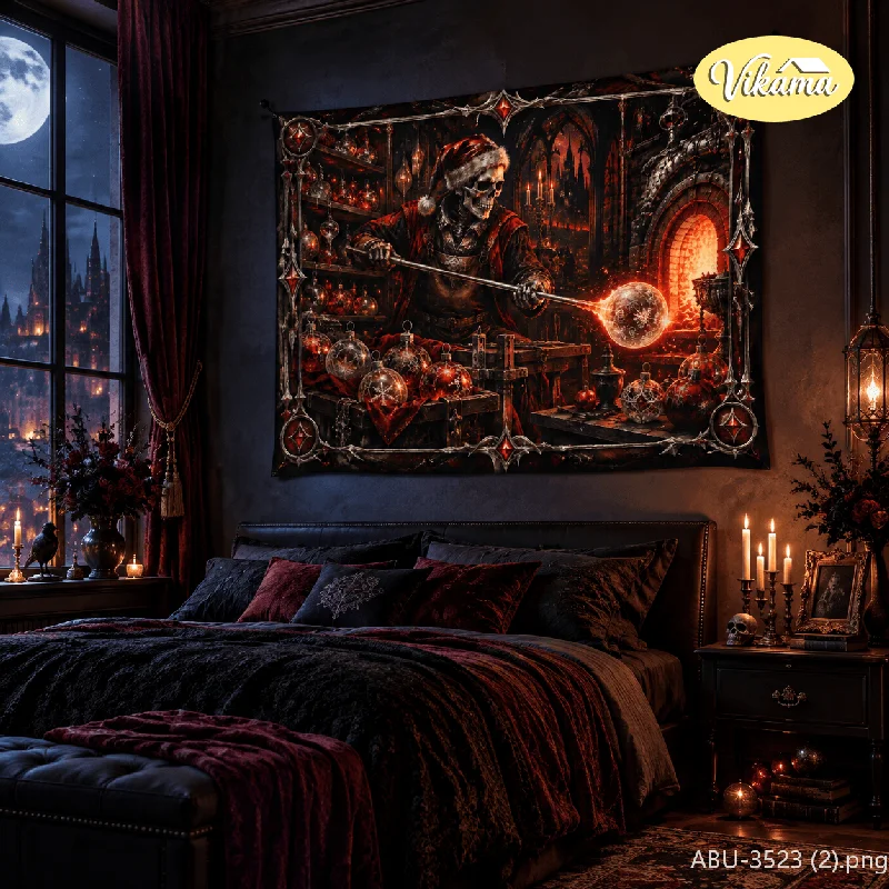 VIKAMA Gothic Prophecy Witch Skull Tapestry, Purple Robe Witch Crystal Ball Background Cloth, Party Wall Decor