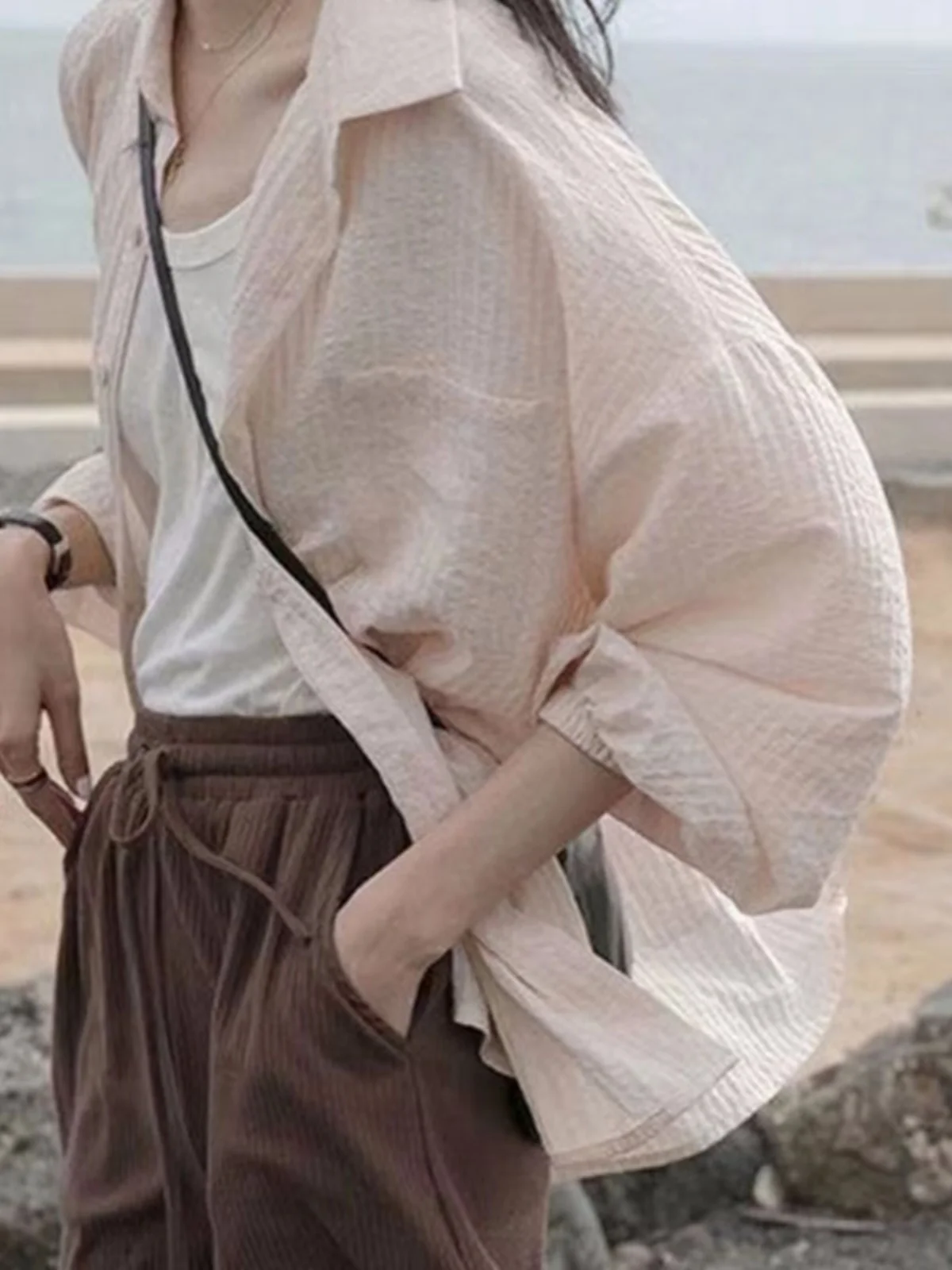 

Summer New Women's Loose Pink Sun Protection Open Cardigan Chic Korean Sle Long Sve irt Collar Bubble Sve Blouse