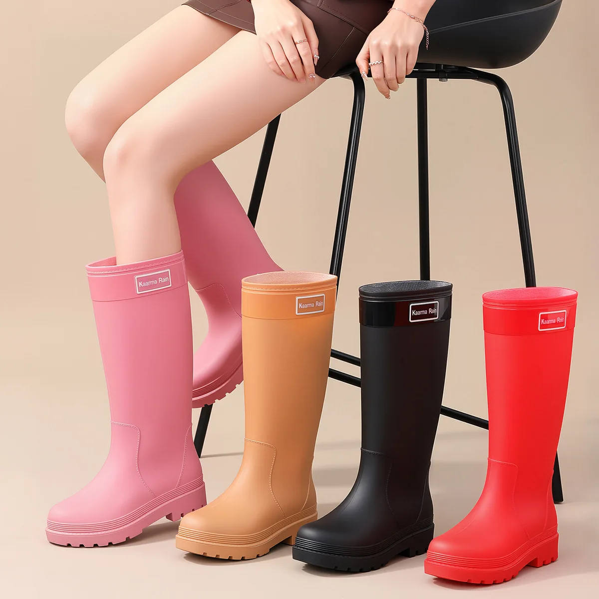 

Korean Style High Rain Boots Khaki Women's Waterproof Slip-Resistant Red Boots Commute Sweet Cool Rain Shoes Anti-Slip