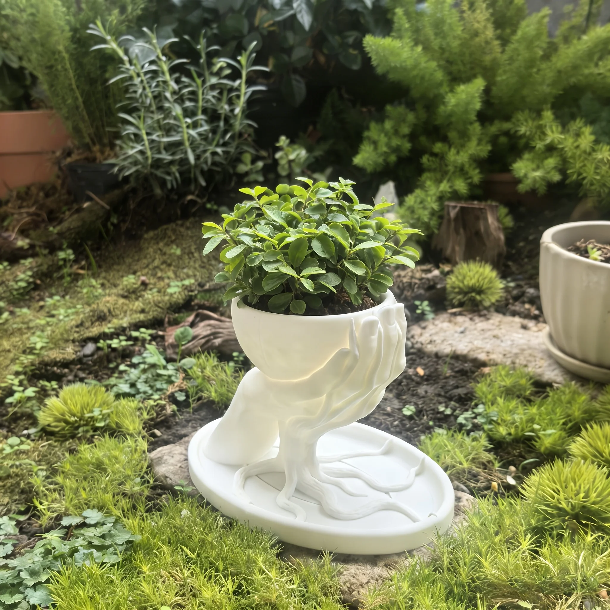 Waterproof Hand-Shaped Succulent Flower Pot with Drainage Tray, 3D Printed Small Flower Pot, Anti-Overflow Design Suitable for Desktops, Practical for Home and Office Decoration