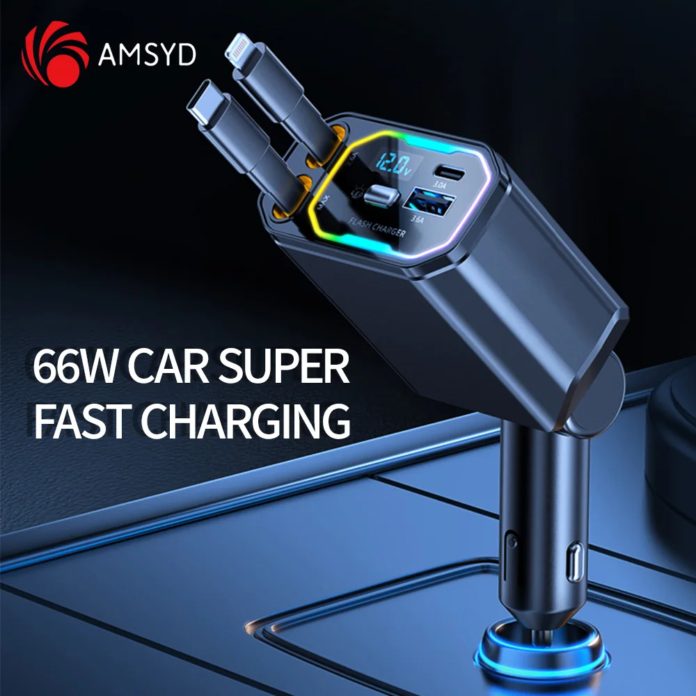 

66W PD QC3.0 4 IN 1 Flexible Retractable Car Fast Charger for Apple USB Type C Super Fast Charger Cigarette Lighter Adapter