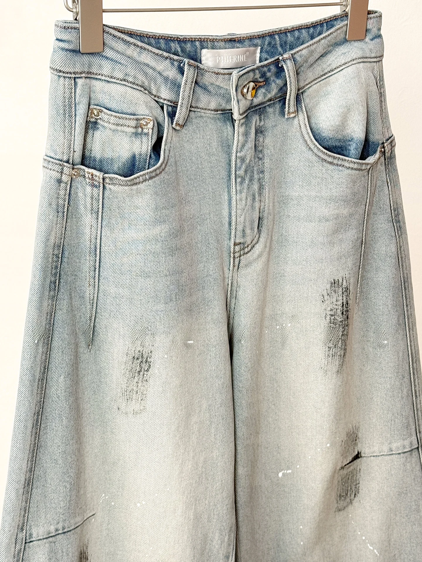 

High Waist Slimming Denim Jeans Ptherine Design Splaed Ink Split Vintage Straight Leg Cotton Casual Women's Jeans