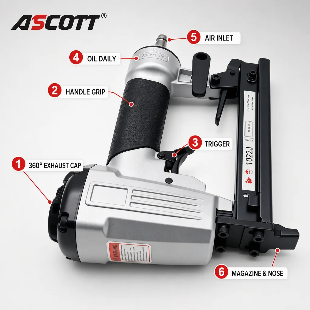 ASCOTT 1022J Pneumatic Upholstery Stapler 20Ga 7/16inch Crown Nailer Framing Nail Gun with 1000pcs Staples