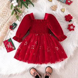 Toddler Children Girls Christmas Long Sleeve Square Neck Mesh Star Prints Dresses Tulle Dress Clothes Birthday Party Dress