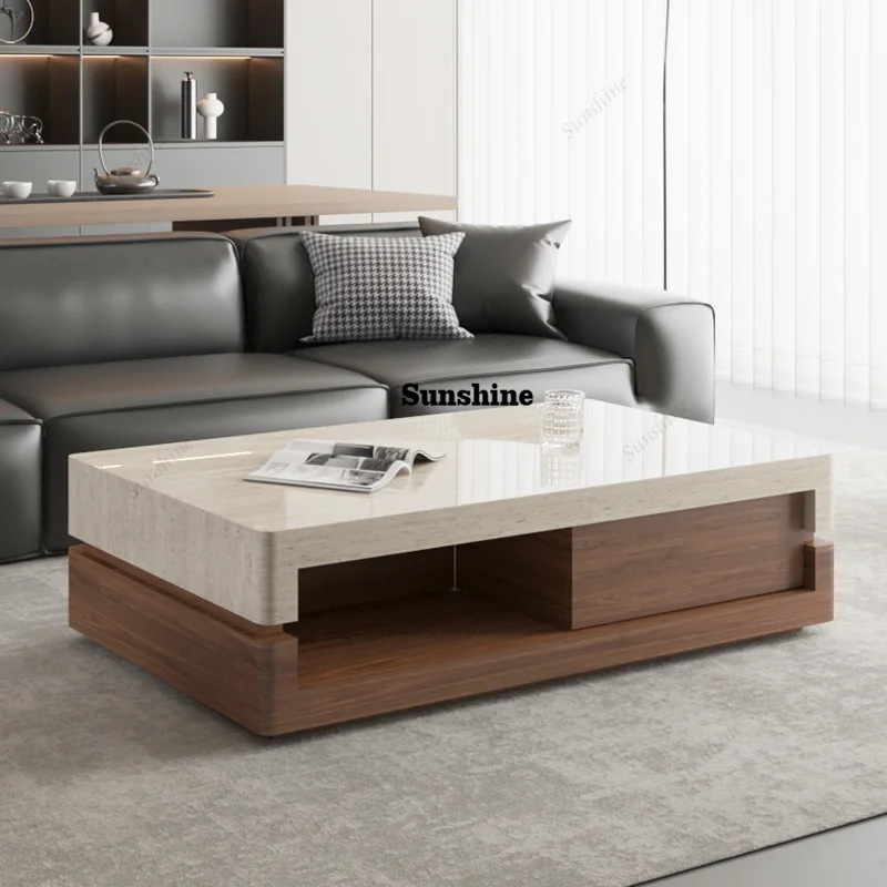 

Walnut & Travertine Coffee Table, New Minimalist Luxury Design, Heat & Scratch Resistant, Artisan Custom Furniture.