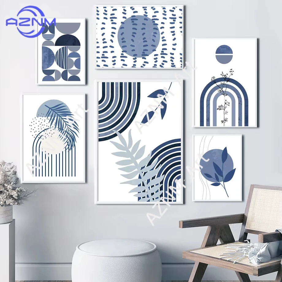 1 Stück/6 Stück Marineblau Boho Abstrakt Sonne Regenbogen Mond Blatt Pflanze Nordische Poster Wandkunst Leinwanddruck Moderne Raumdekoration