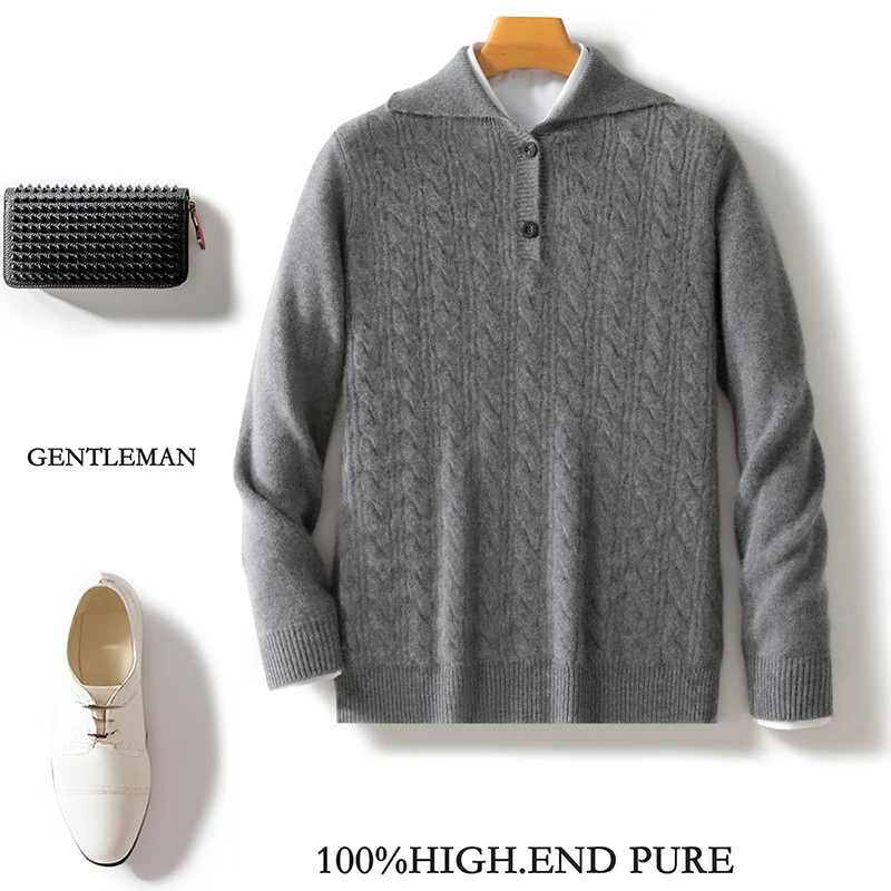 

Autumn Winter Men's 100% Merino Wool Pullover Lapel Thickened Knitted Sweater Cashmere Sweatshirt Jacquard Twist Tops