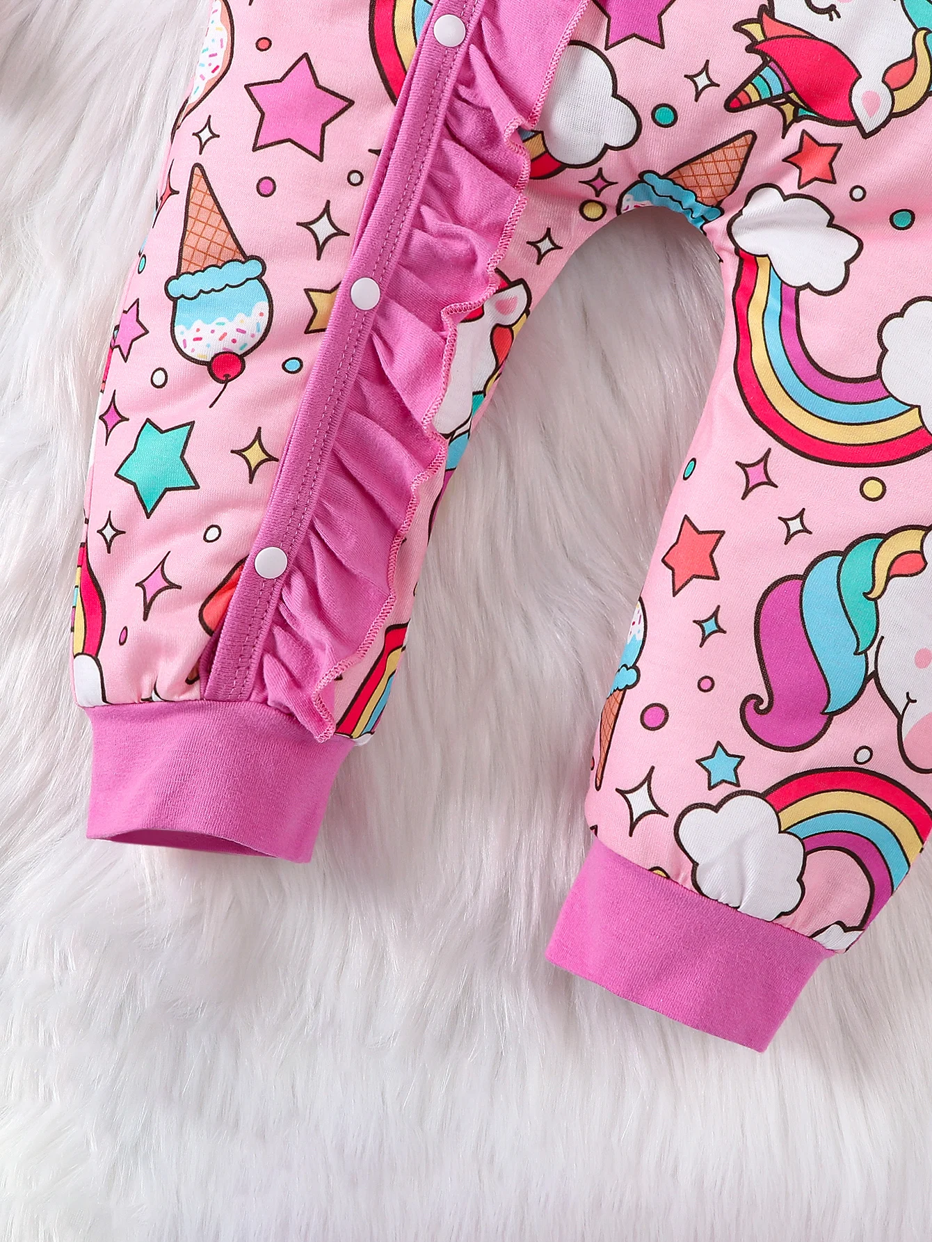 Cute Unicorn Rainbow Ice Cream Print Round Neck Long Sleeve Oblique Opening Tube Lace Decoration Girl Baby Bodysuit