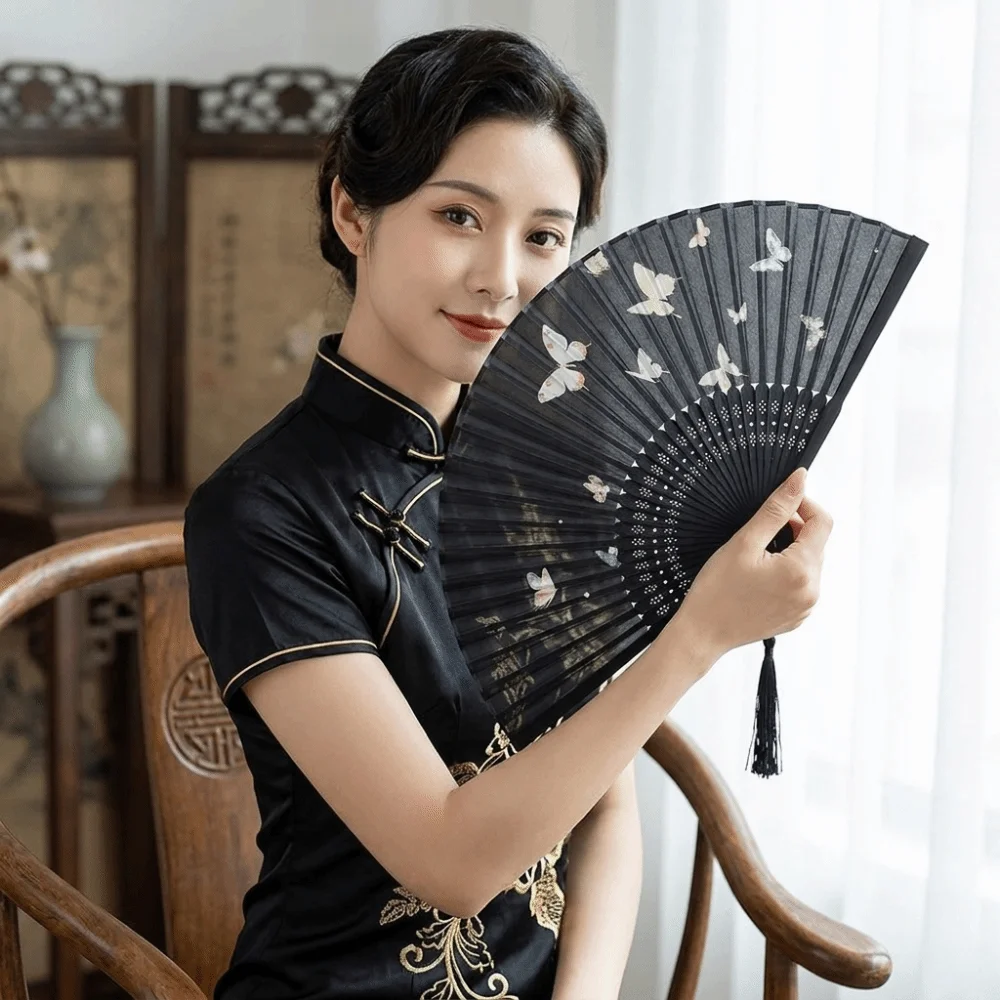 Ancient Style Ink Dan Qing Folding Fan Butterfly Pattern Portable Decorative Fan with Tassels New Chinese Hand Cranked Fan