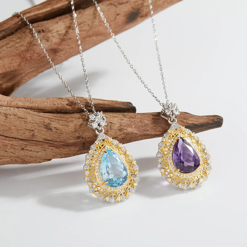 

Vintage Hollow Elegants925Sterling Silver Inlaid Large Natural Amethyst Topaz Gemstone Pendant Necklace for Women