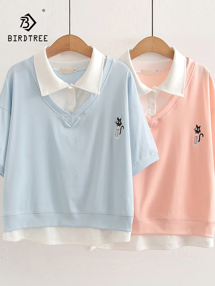 

New 2025 Summer Cotton Short Sleeve Fake 2 Pieces T-Shirt, Women Lapel Embroidery, Mori Girl Sweet OL Casual Loose Tee T56047CC