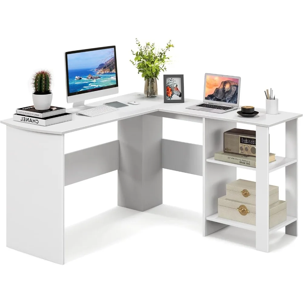 

White L Shaped Desk with Storage Shelves, Wooden Corner Computer Desk, Space-Saving Home Office Workstation, Gaming
