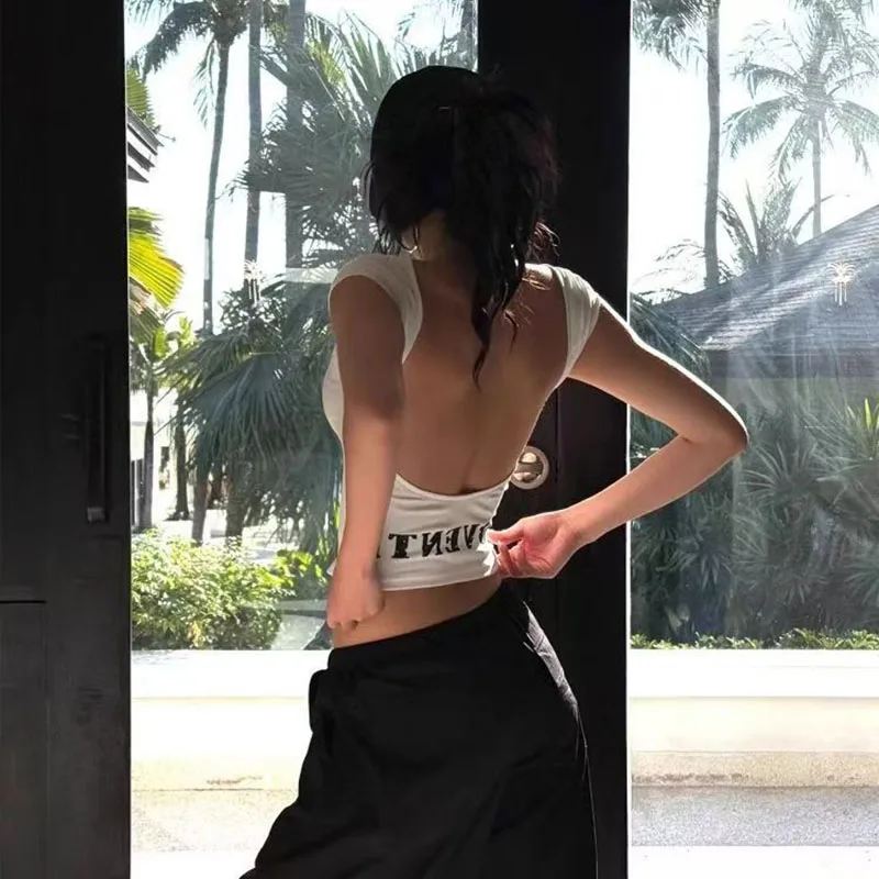 Seeslim Hotsweet Koszulki z grafiką bez pleców Krótki rękaw Nadruk Litera Letnie topy Slim Ubrania z lat 2000 Y2k T-shirty Odzież damska