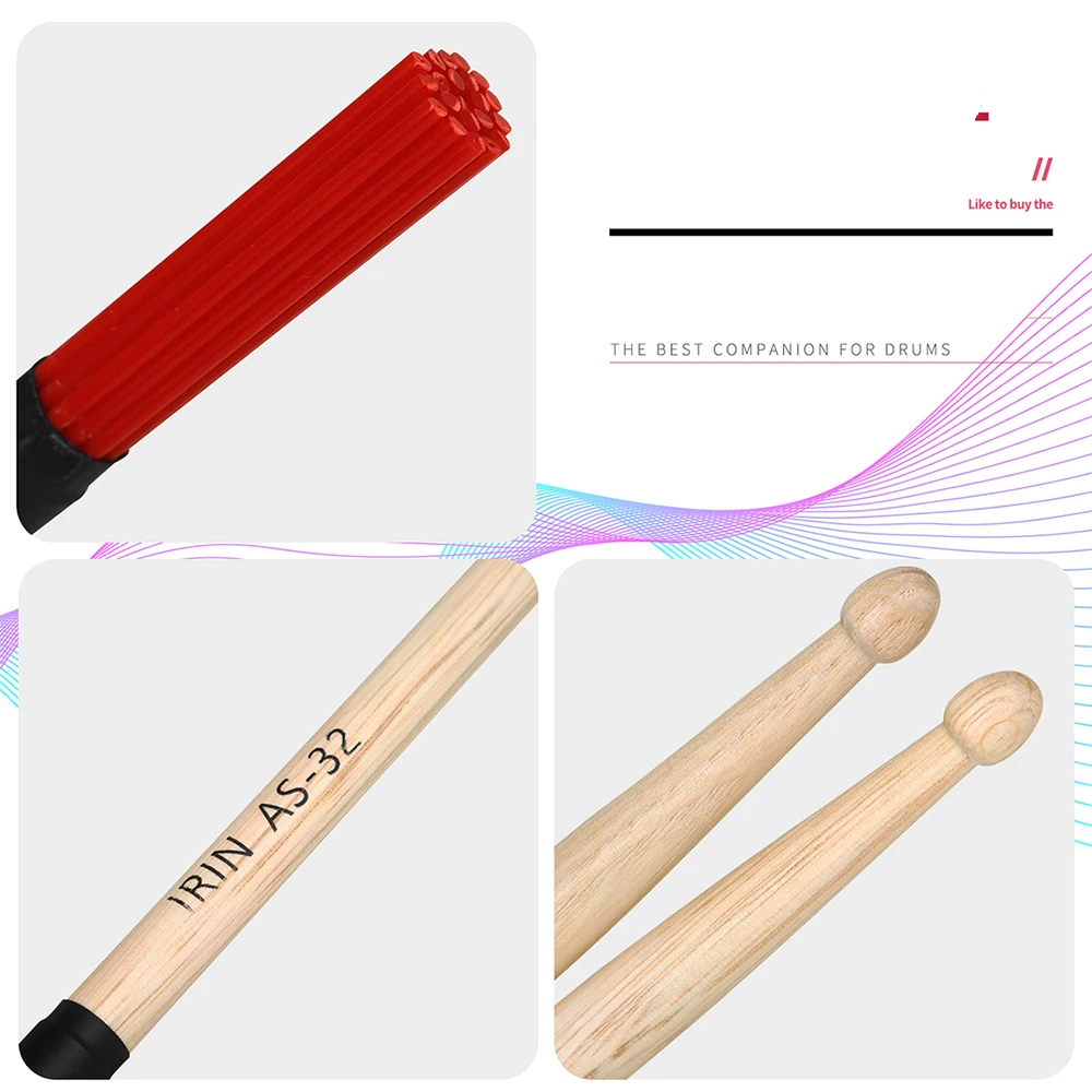 IRIN Maple Drumsticks with Nylon Drum Brush Dual-Use Professional Percussion Accessories for Musicians