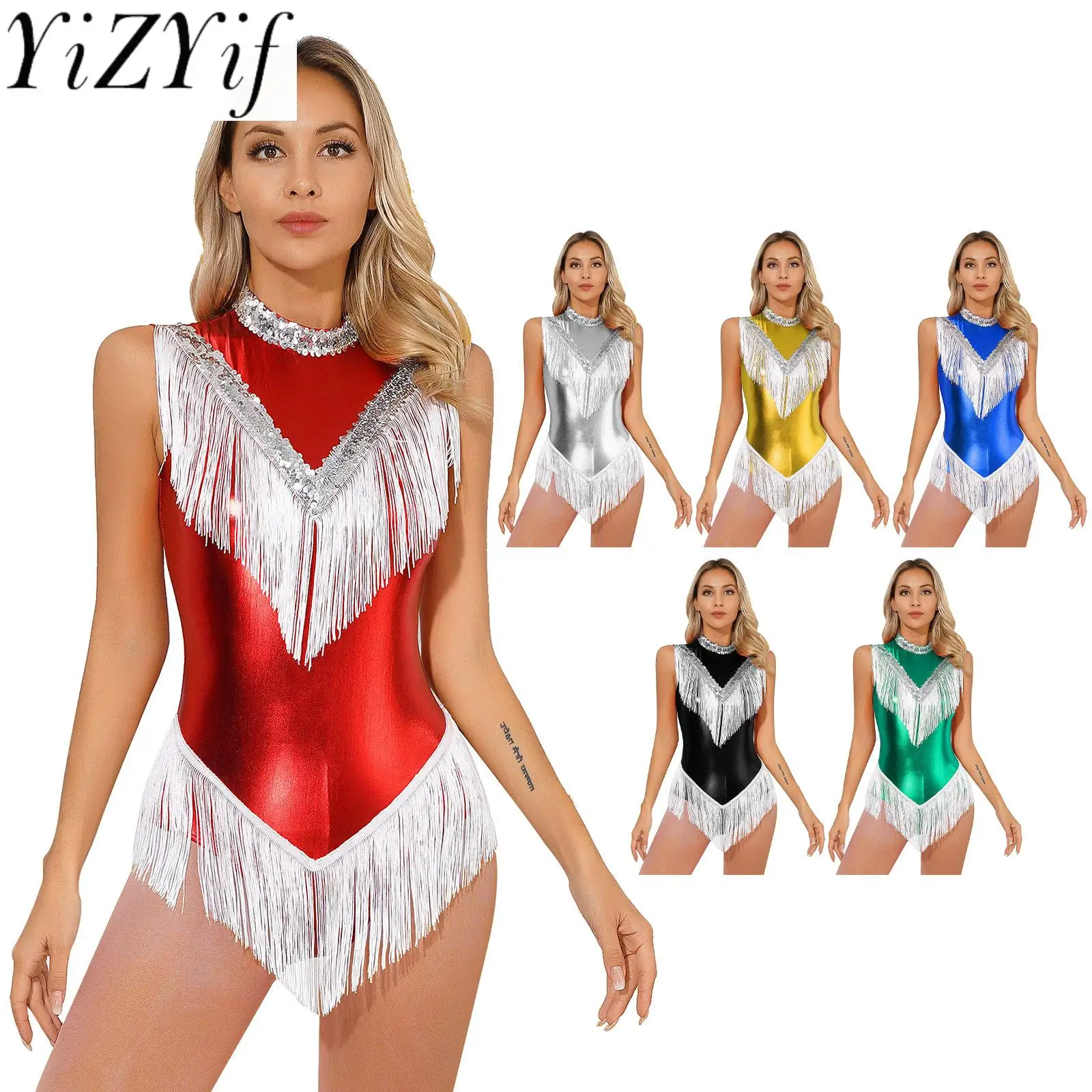 Body da ballo latino scintillante da donna con nappe e paillettes Ginnastica ritmica Body da ballo Ballerina Jazz Danza Costume di scena