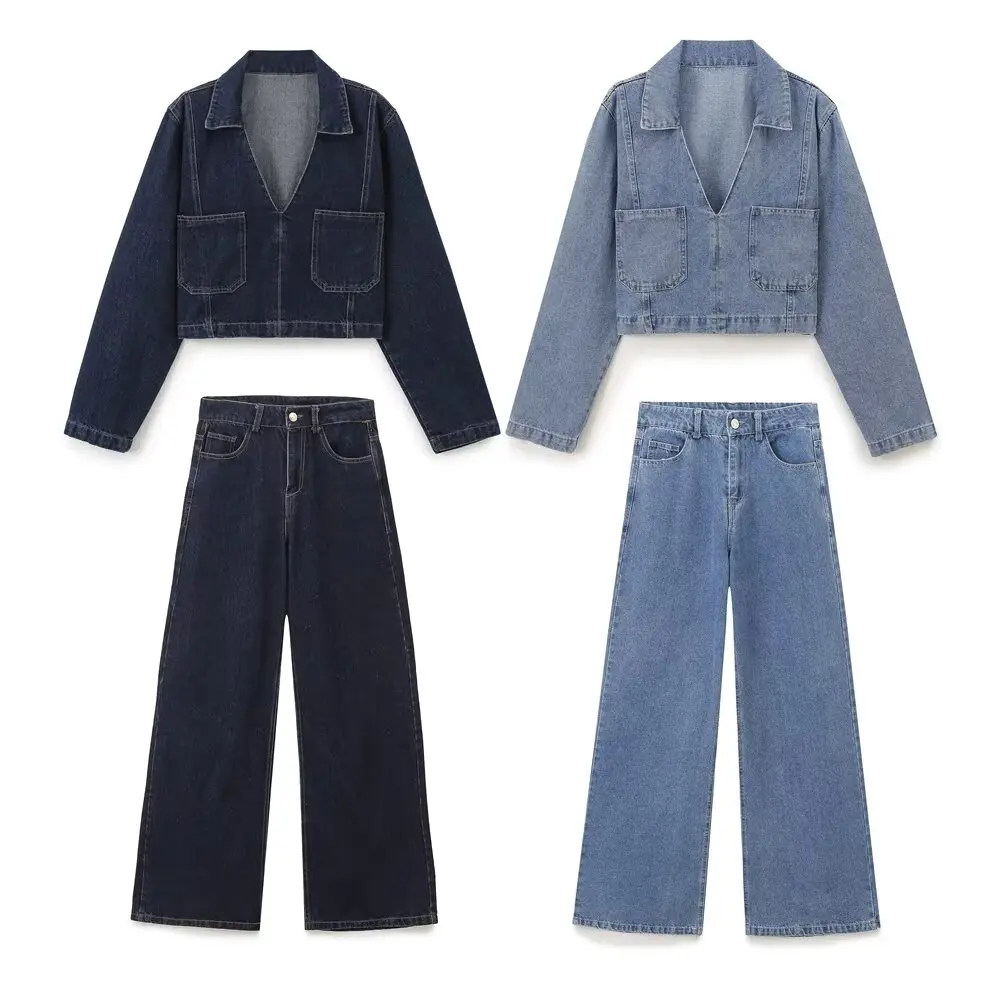 PB&ZA Women 2024 Autumn New Fashion Short Denim Shirt High Waist Wide Leg Jeans Vintage Casual Chic Female set woman 2 pieces