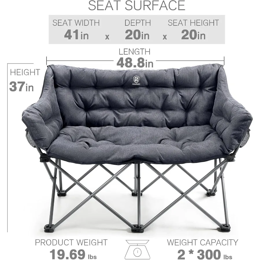 كرسي تخييم مزدوج للبالغين مبطن قابل للطي للتخييم مقعد الحب مع جيب جانبي أريكة تخييم محمولة لشخصين ثقيلة