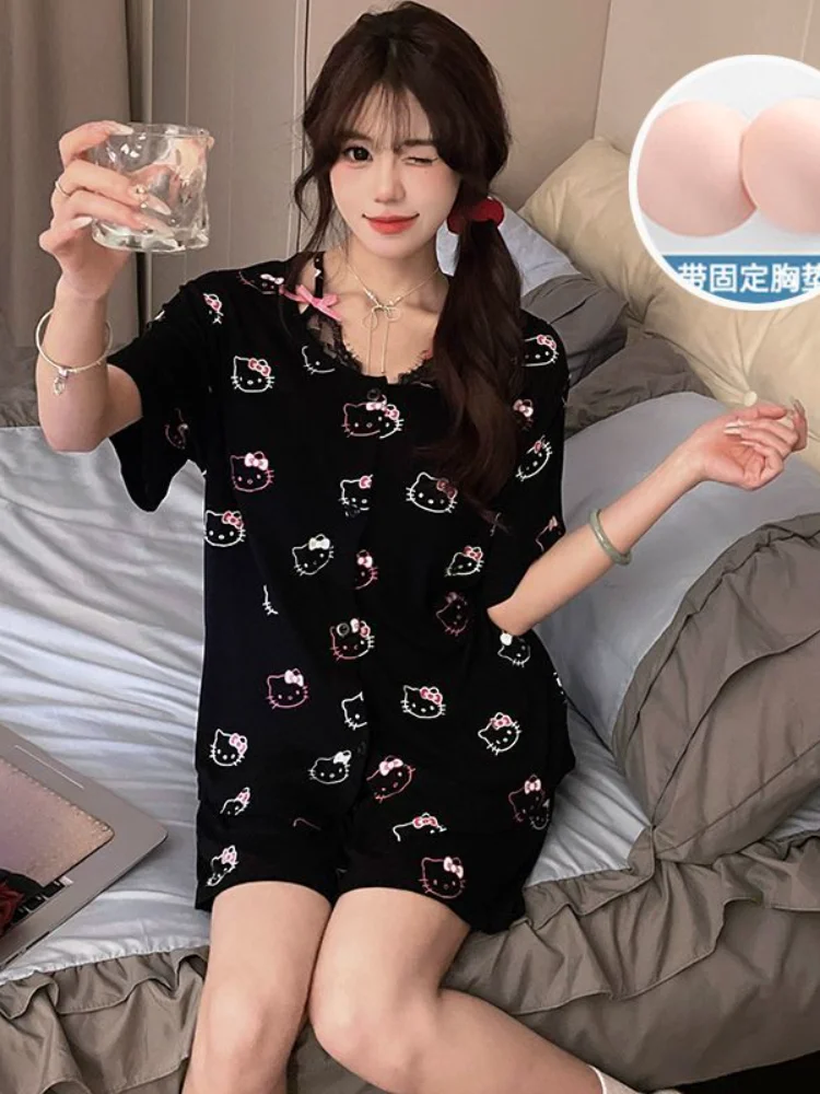 Hello Kitty ฤดูใบไม้ร่วงโพลีเอสเตอร์แขนสั้นกางเกงชุดสองชิ้นชุดนอนสตรีชุดนอนผ้าไหมผู้หญิงสบายๆหลวมเสื้อผ้าชุด