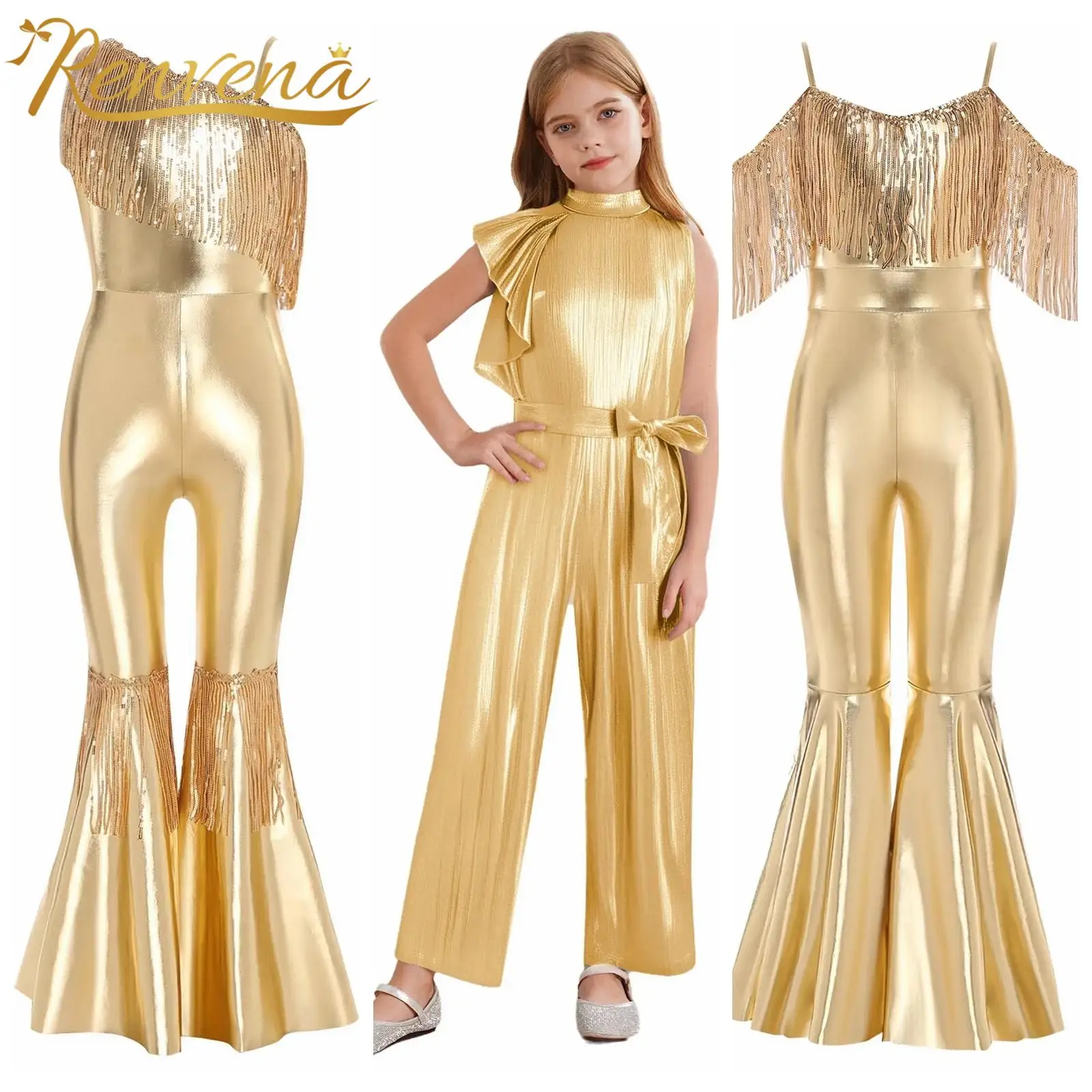 

Children Flared Jumpsuit Girls Sparkly Romper Flares Kids Streetwear Party Shiny Sequin Tassels Costume Jumpsuits Disco Outfit