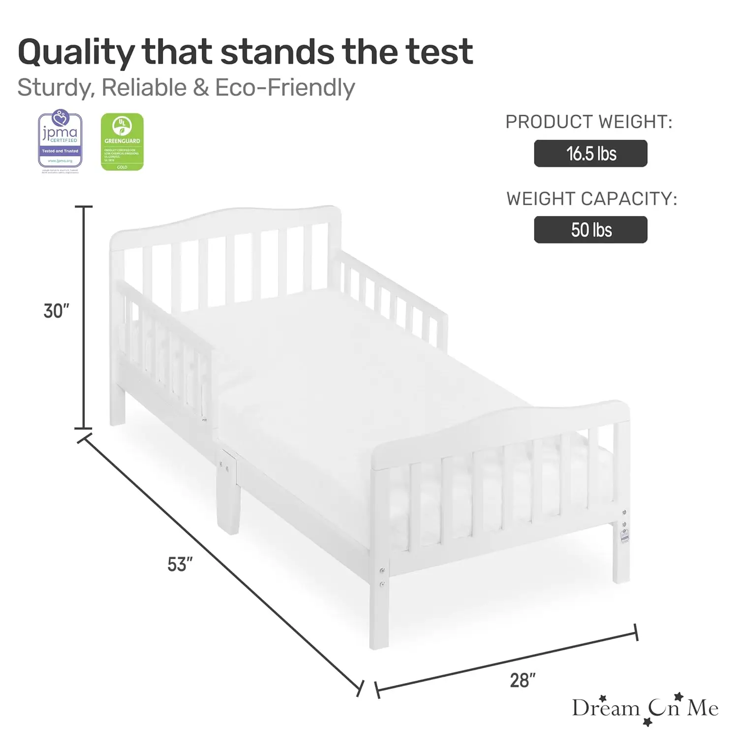 Letto per bambini dal Design classico In bianco, certificato Greenguard Gold e JPMA, Design da basso a pavimento, due sponde di sicurezza laterali, Non tossico F