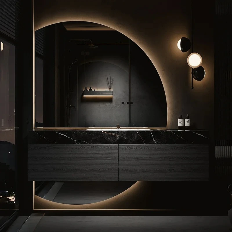 

Light luxury bathroom cabinet combination luxury stone seamless ceramic basin rock slab bathroom washstand cabinet