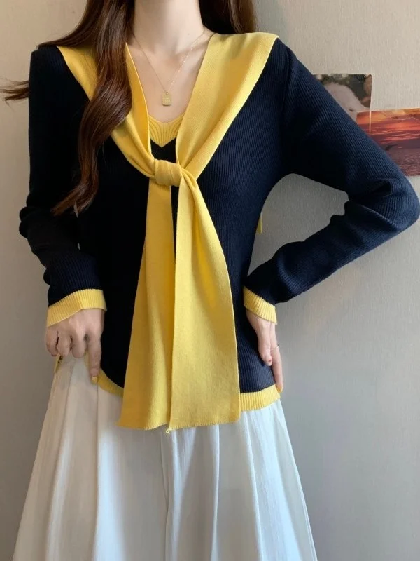 التخسيس V-Ne محبوك سترة المرأة الخريف الشتاء قطعتين مجموعة oulder طول تريكو قاعدة irt الكورية Sle تخفيف