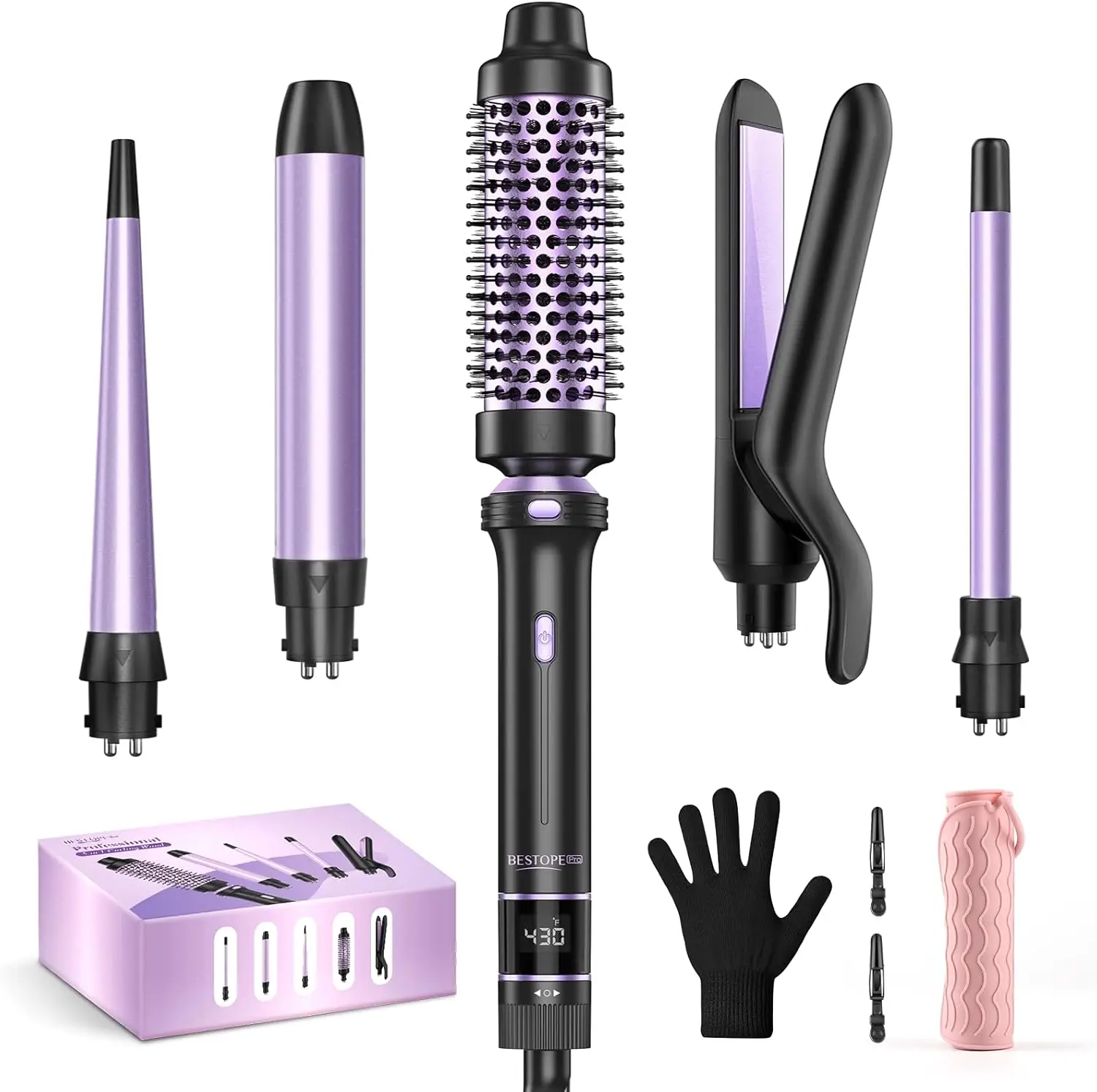 Curling Wand Set with Thermal Brush, Flat Iron Hair Straightener, 3 Ceramic Curling Irons Adjustable Temps, Hair Curler Waver