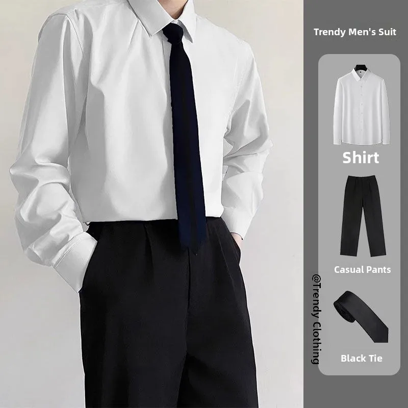 

White Long Sleeve Slim Fit Casual Shirt Men's Fashionable Business Casual Wear Dk Uniform Class Uniform Set Polyester Fiber