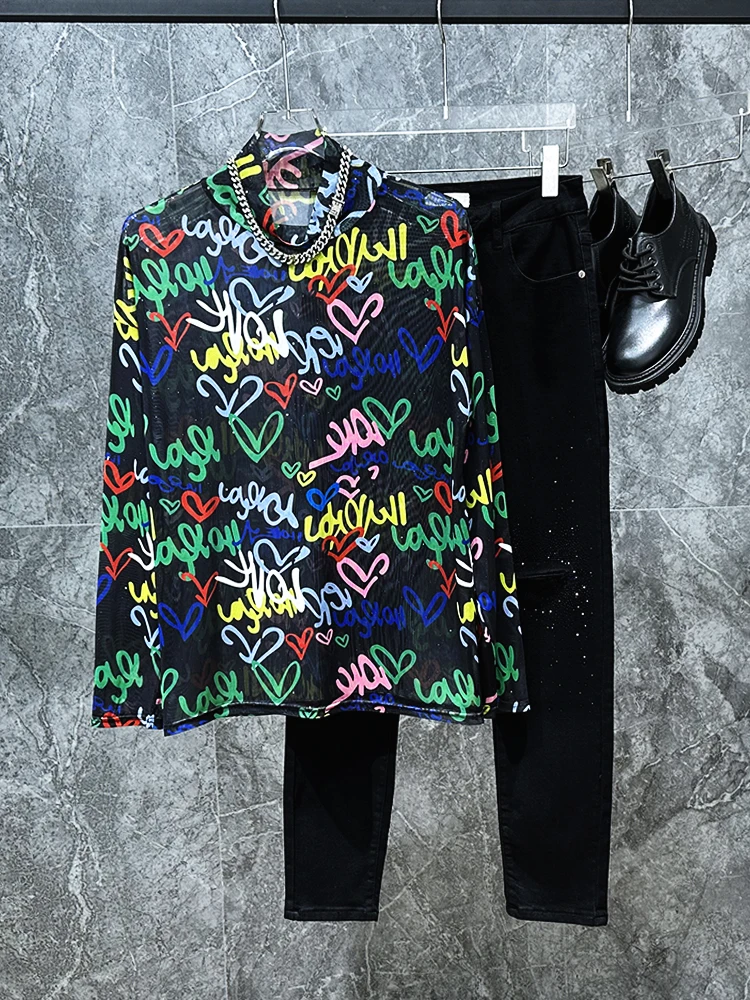 

Футболка из ледяного шелка с буквенным принтом, дышащая, летняя, повседневная, с защитой от солнца, свободного кроя, с длинным рукавом, с высоким воротником