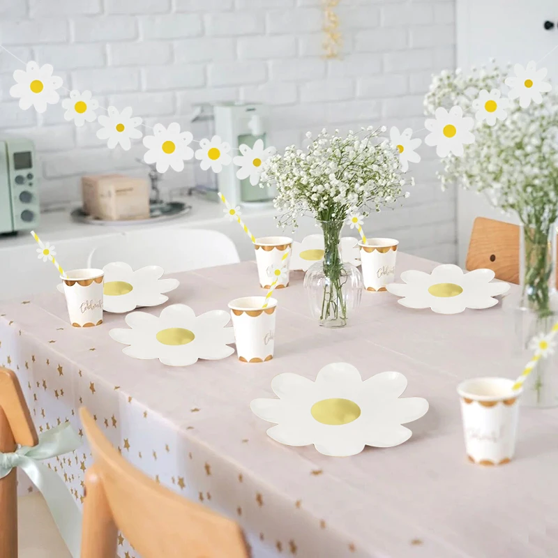 Daisy Theme Paper Plates Banner Straw Disposable Tableware Kids Birthday Party Baby Shower Supplies Wedding Decoration